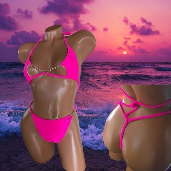 Gold Accented Hot Pink l String Triangle l Bikini l Thong l M/L l New - Picture 5 of 9